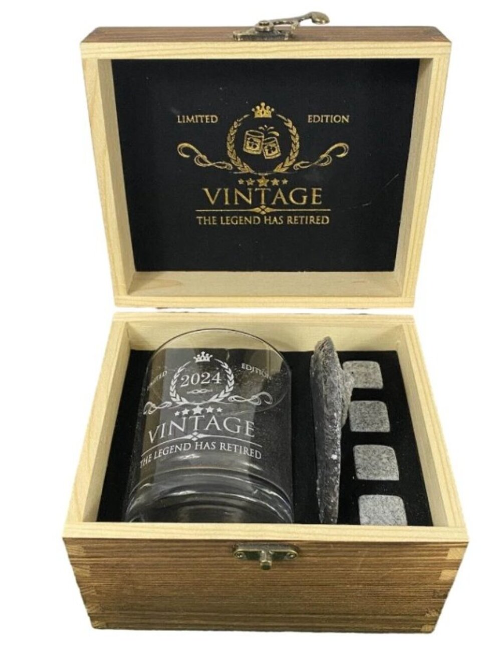 Limited Edition VTG The Legend Has Retired Wood Box Whiskey Glass Stones Coaster
